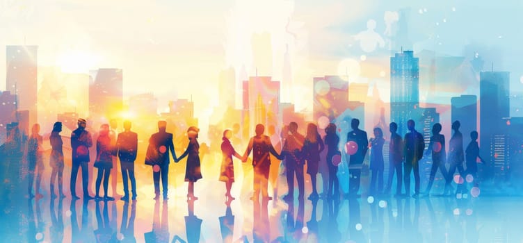 A group of people are holding hands in a cityscape by AI generated image.