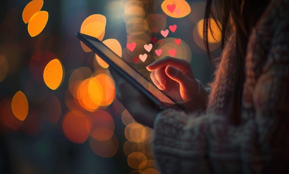 A woman is texting on a tablet with a heart symbol on it by AI generated image.