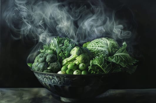 A bowl of vegetables is sitting on a table with steam rising from it by AI generated image.