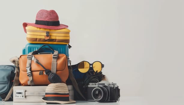 Stack of travel and vacation gear with hats and camera. Concept of adventure and exploration by AI generated image.