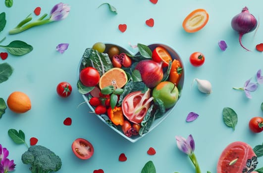 A heart-shaped bowl filled with a variety of fruits and vegetables by AI generated image.