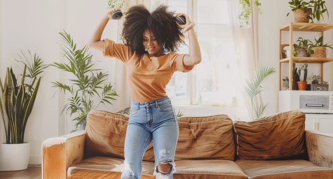 A woman in a brown shirt and blue jeans is dancing on a couch by AI generated image.