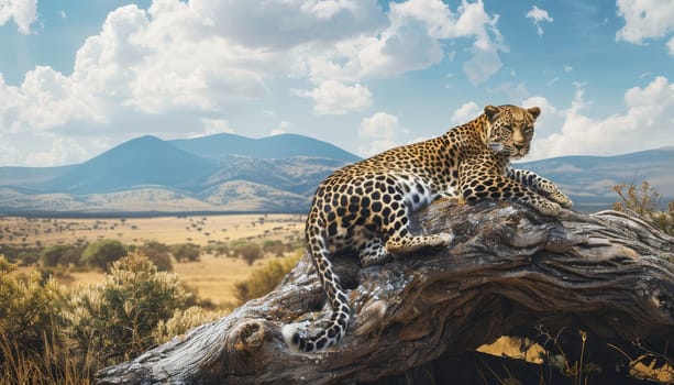 Leopard resting on an old tree trunk in the savannah. Concept of wildlife and nature by AI generated image.