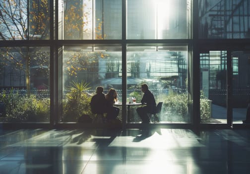 A group of people are sitting at a table in a large room with a view of the city by AI generated image.