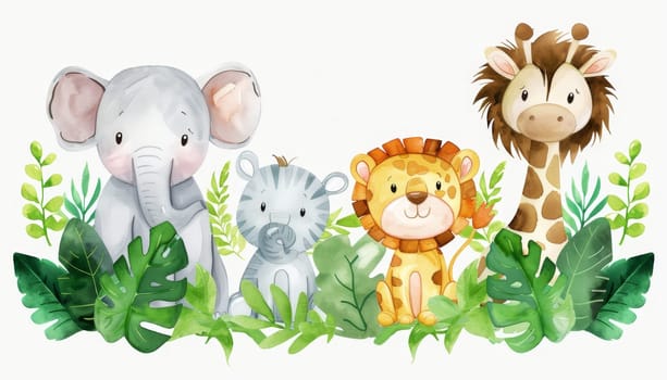 Watercolor cartoon of baby jungle animals in greenery. Concept of cute wildlife by AI generated image.