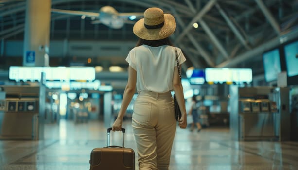 Woman in airport with suitcase wearing hat and white shirt. Concept of travel and journey by AI generated image.