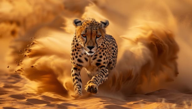 Wide-angle view of cheetah running in desert. Concept of speed and agility by AI generated image.