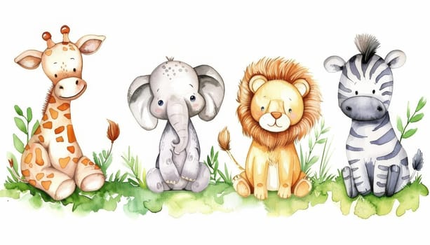 Watercolor cartoon of baby jungle animals in greenery. Concept of cute wildlife by AI generated image.