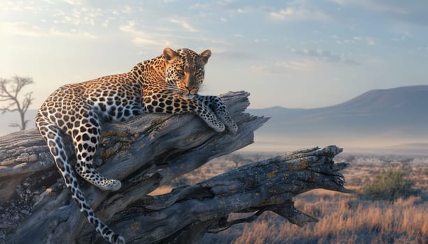 Leopard resting on an old tree trunk in the savannah. Concept of wildlife and nature by AI generated image.