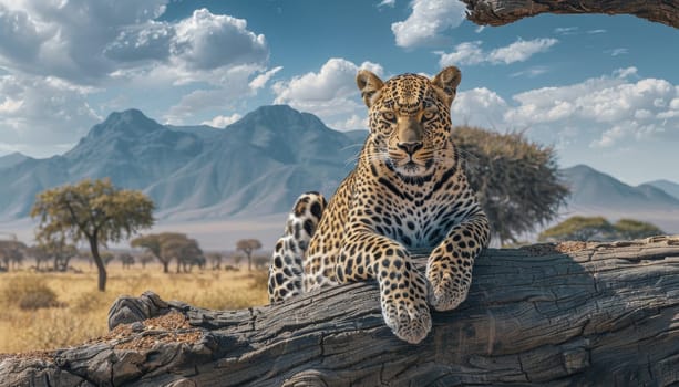 Leopard resting on an old tree trunk in the savannah. Concept of wildlife and nature by AI generated image.