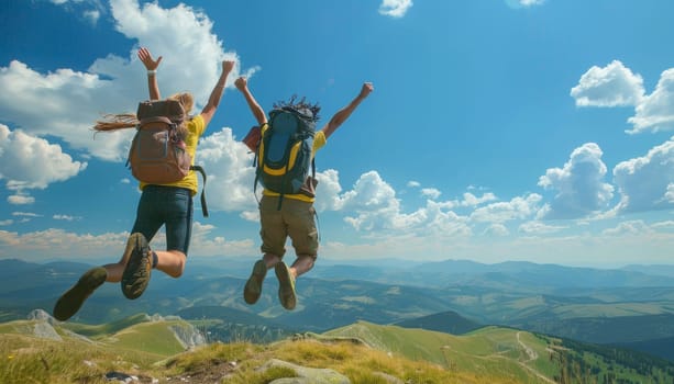 Two young people jumping for joy on top of a mountain. Concept of adventure and freedom by AI generated image.