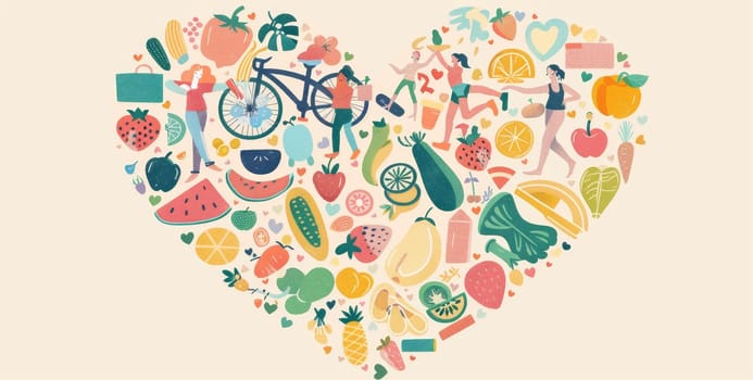 A colorful heart with many fruits and vegetables inside by AI generated image.