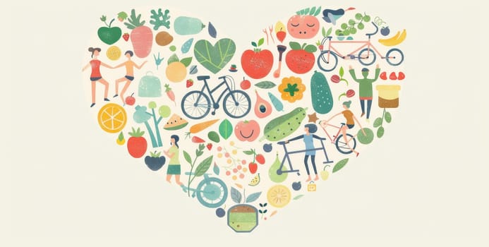 A heart made of fruits and vegetables with people riding bikes and holding hands by AI generated image.