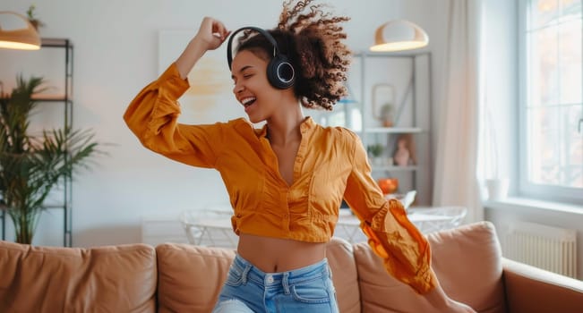 A woman in a yellow shirt is dancing and wearing headphones by AI generated image.