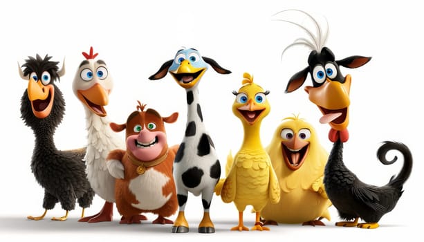 Group of cartoon farm animals including a cow, pig, and chicken. Concept of fun and farm life by AI generated image.