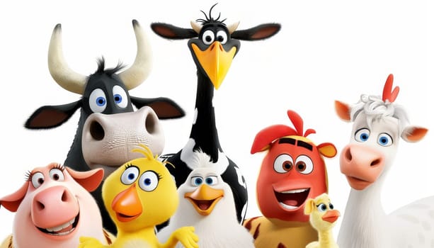 Group of cartoon farm animals including a cow, pig, and chicken. Concept of fun and farm life by AI generated image.