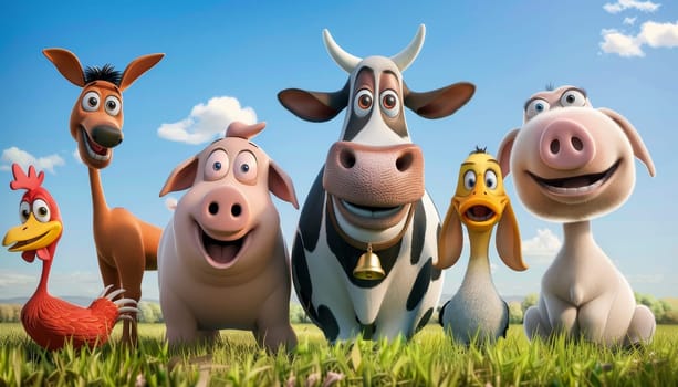 Group of cartoon farm animals including a cow, pig, and chicken. Concept of fun and farm life by AI generated image.