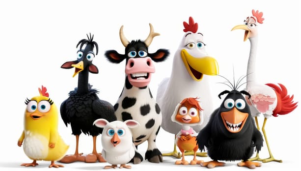 Group of cartoon farm animals including a cow, pig, and chicken. Concept of fun and farm life by AI generated image.