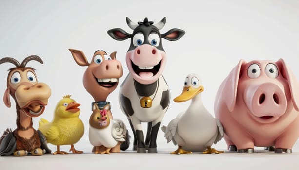 Group of cartoon farm animals including a cow, pig, and chicken. Concept of fun and farm life by AI generated image.