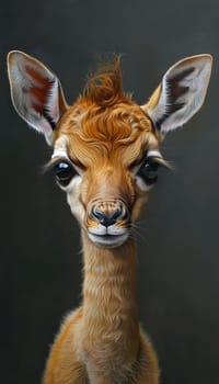A young giraffe Giraffidae with a distinctive mohawklike fur on its head, a fawn is captured on camera in a wildlife event, looking directly at the lens with its adorable eyelashes and snout