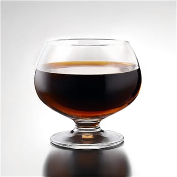 Snifter glass with a short stem and wide bowl cradling a rich dark brown spirit. Drink isolated on transparent background