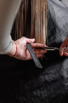 hairdresser makes a haircut to a woman in the salon. The hairdresser cuts wet hair, combing with a comb. client with short hair. back view
