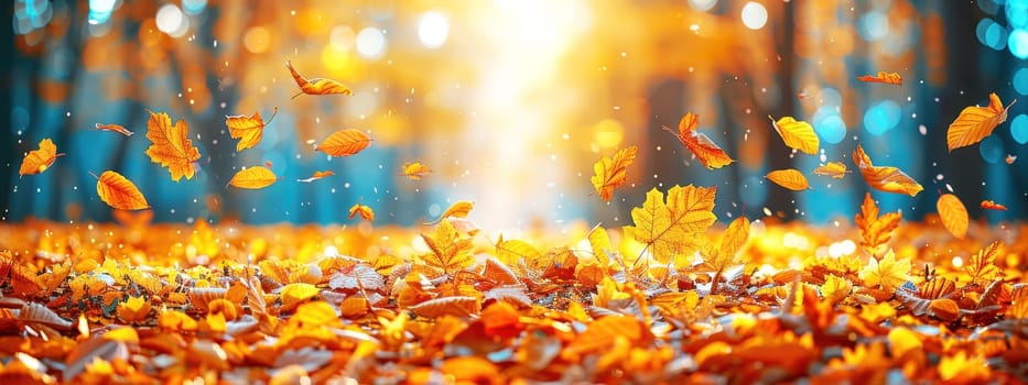 Beautiful autumn landscape with falling yellow leaves covering the ground. The blue sky and the warming sun. Natural autumnal concept. Advertising presentation with space for copy.