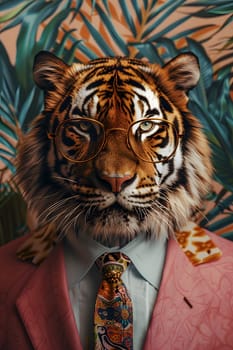 A Siberian tiger is adorned in a pink suit and tie, showcasing its elegant style among the Felidae family of big cats, with its sleek fur, fawn colored sleeve, and whiskers
