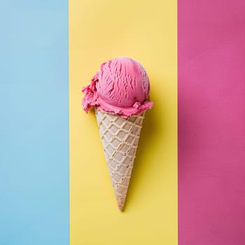 Scoops of ice cream in a waffle cone on a colorful background