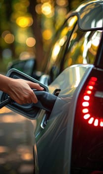 Hand holding Electric car charger. Electric Vehicle EV Charging station and Charger. Human hand is holding Electric Car Charging connect to Electric car. Generative AI..