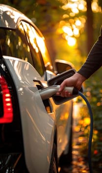 Hand holding Electric car charger. Electric Vehicle EV Charging station and Charger. Human hand is holding Electric Car Charging connect to Electric car. Generative AI..