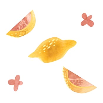 Set of lemons: whole lemon, two lemon slices, lemon flowers. Clipart. Isolated watercolor illustration on a white background for the design of tea shops, coffee shops, menus, sweets packaging.