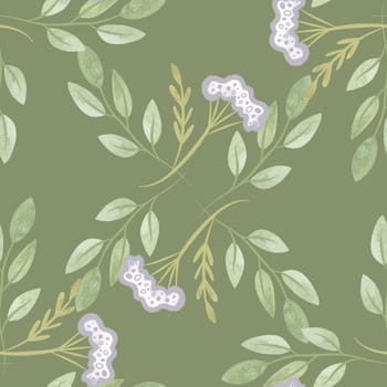 White oregano and soft green branches with leaves. Seamless watercolor pattern for fabric, wallpaper, wrapping paper, packaging cosmetics, tablecloths, curtains and home textiles