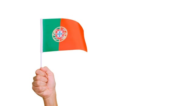 Photo of wind waving a portuguese pennant holding by a hand. Slow Motion video