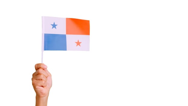 Photo of wind waving a panamanian pennant holding by a hand. Slow Motion video