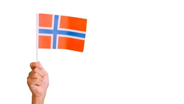 Photo of wind waving a norwegian pennant holding by a hand. Slow Motion video