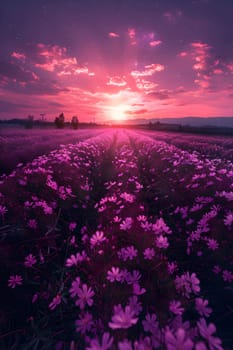 A natural landscape with purple flowers against a backdrop of the afterglow at dusk, with a sky filled with clouds creating a mesmerizing atmosphere