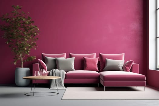 Luxury living room in trend color. Viva magenta walls, lounge furniture. Empty space for art or picture. Rich interior design. Mockup living room or reception hall. Generated AI.