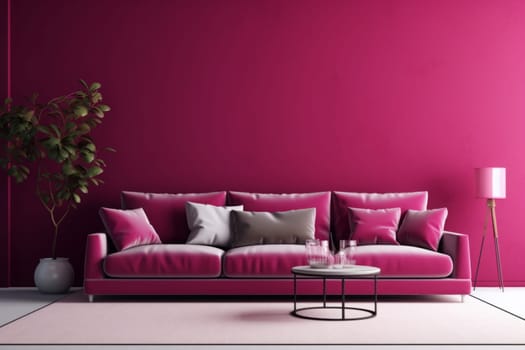 Luxury living room in trend color. Viva magenta walls, lounge furniture. Empty space for art or picture. Rich interior design. Mockup living room or reception hall. Generated AI.