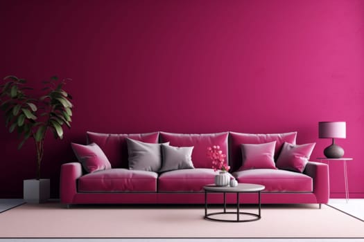 Luxury living room in trend color. Viva magenta walls, lounge furniture. Empty space for art or picture. Rich interior design. Mockup living room or reception hall. Generated AI.