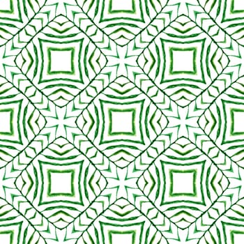 Ikat repeating swimwear design. Green magnetic boho chic summer design. Watercolor ikat repeating tile border. Textile ready trending print, swimwear fabric, wallpaper, wrapping.