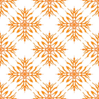 Textile ready symmetrical print, swimwear fabric, wallpaper, wrapping. Orange uncommon boho chic summer design. Organic tile. Trendy organic green border.
