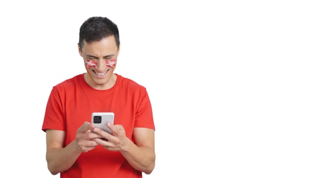 Danish supporter with the flag of Denmark painted on his face, looking at his mobile phone smiling