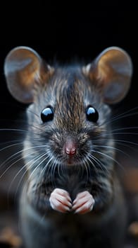 Closeup of a whitefooted mouse, a terrestrial rodent organism with whiskers, fawncolored fur, and a long snout, against a black background