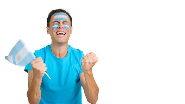 Man passionately cheering for Argentina screaming and waving a national flag