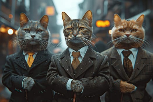 Three cats in business suits and ties go to work against the backdrop of a blurred city. Concept of doing business, work.