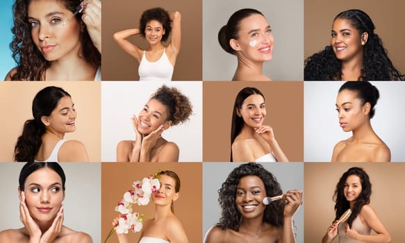 Women of various backgrounds embrace their beauty routines, each section of the collage highlighted by a distinct, colorful studio backdrop.