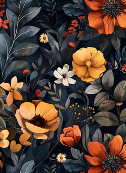 A creative art painting featuring vibrant orange flowers and leaves on a dark background, showcasing the beauty of botany and textile art