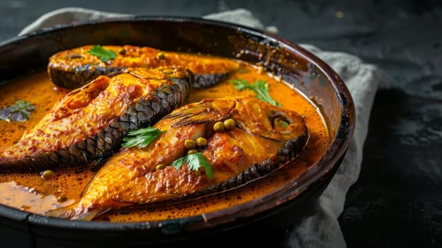 Authentic Bangladeshi hilsa fish curry served in a traditional bowl, seasoned with aromatic turmeric and mustard seeds. This flavorful and creamy dish represents rich culinary heritage of Bangladesh
