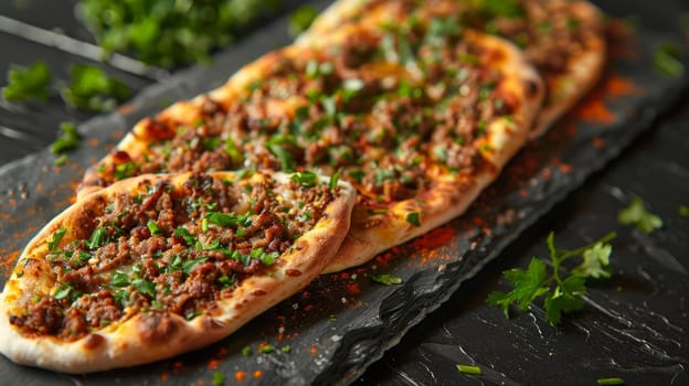 Traditional Azerbaijani qutab, stuffed flatbreads with either greens or minced meat, served on a slate serving board. Hand-crafted and flavorful dish represents the rich culinary heritage of Caucasus
